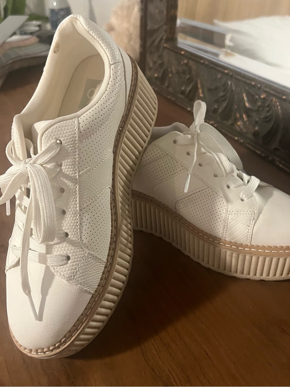 DV by Dolce Vita White Perforated Platform Lace-Up Sneakers with Tan Trim